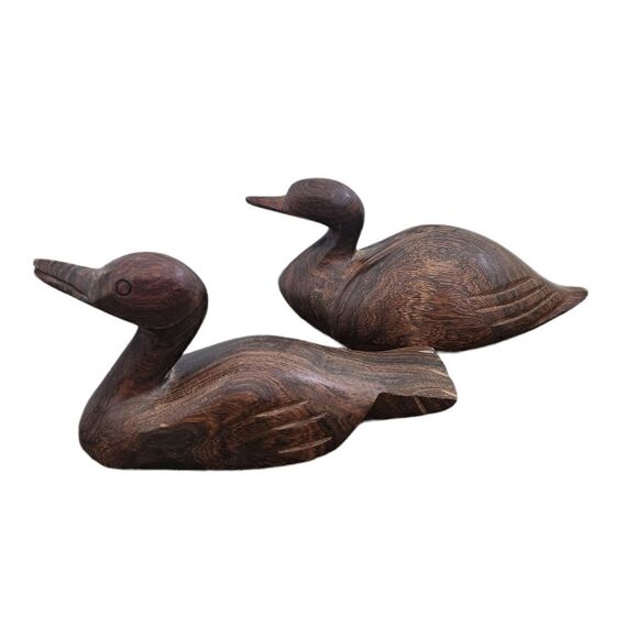 Ironwood Carving Pair of Ducks Brown Iron Wood Figure MCM - Picture 1 of 8
